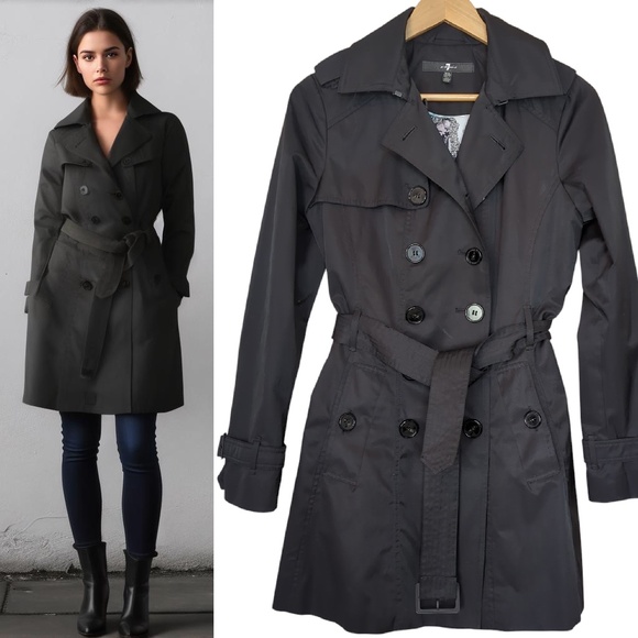 7 for all mankind Black Trench Coat Belted - Picture 1 of 11